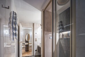 Shower, free toiletries, hair dryer, bathrobes