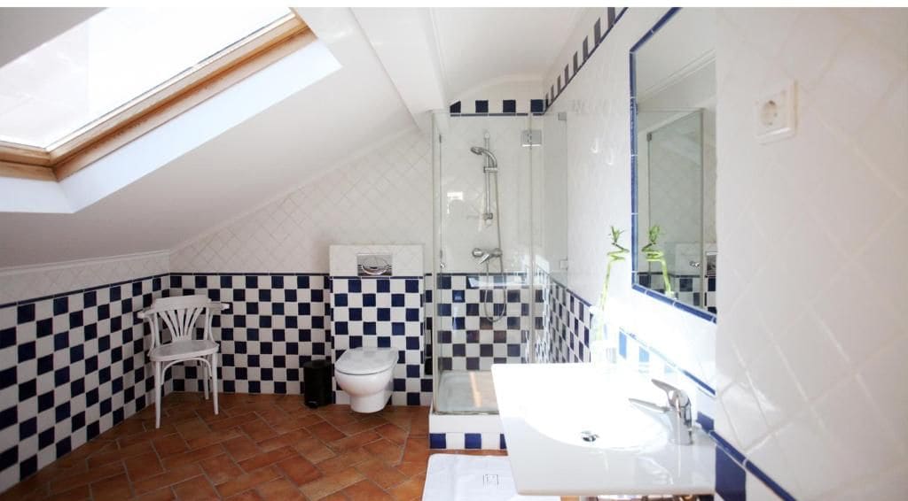 A bathroom with a skylight, checkered walls, a shower, a toilet, and a sink.