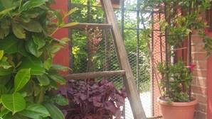 Eine Holzleiter lehnt an einer Backsteinmauer, rechts steht ein Blumentopf und im Hintergrund ist ein Metallgitter zu sehen.