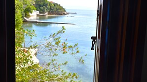 Blick aufs Meer von einem Zimmer mit Tür, mit klarem Wasser, felsiger Küste und viel Grün.