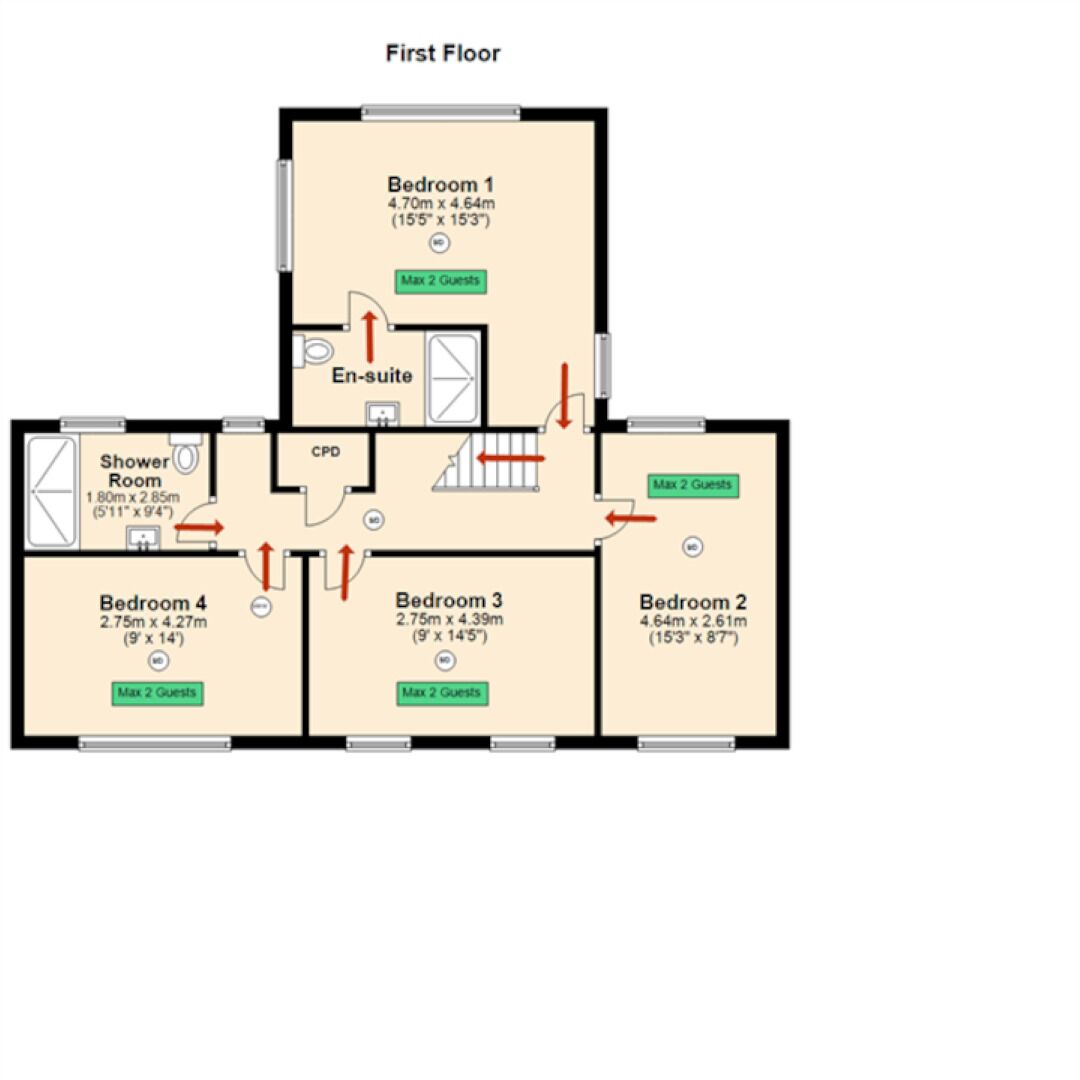 A first-floor floor plan with four bedrooms, a shower room, and an en-suite bathroom. Each bedroom accommodates a maximum of 2 guests.