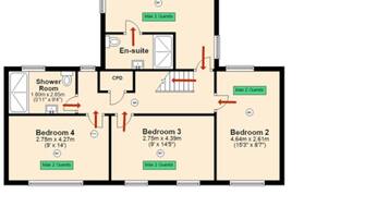 A first-floor floor plan with four bedrooms, a shower room, and an en-suite bathroom. Each bedroom accommodates a maximum of 2 guests.