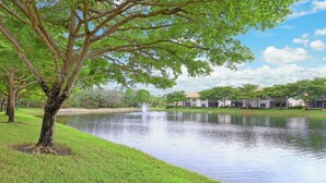Una vista tranquila sobre un lago con una fuente, abundante vegetación y una hilera de edificios al fondo.