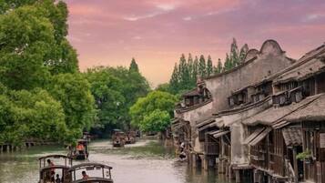 Un pueblo tradicional a orillas del río, con edificios de madera y barcos en el agua.