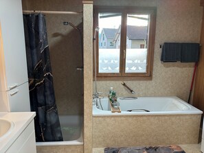 Hair dryer, towels, soap, shampoo