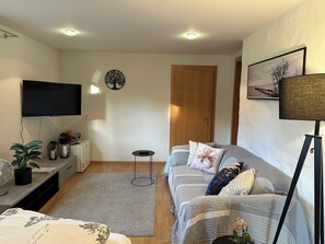 A modern living room with a sofa, a TV, a wooden door, and a framed picture on the wall. - Central but quietly located, lovely and well furnished flat in Balzers. (Balzers)