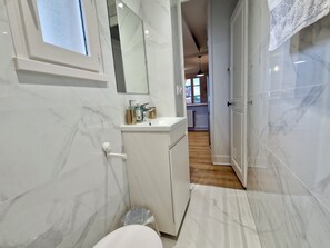 Shower, hair dryer, towels