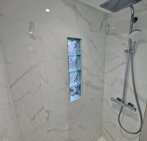 Shower, hair dryer, towels