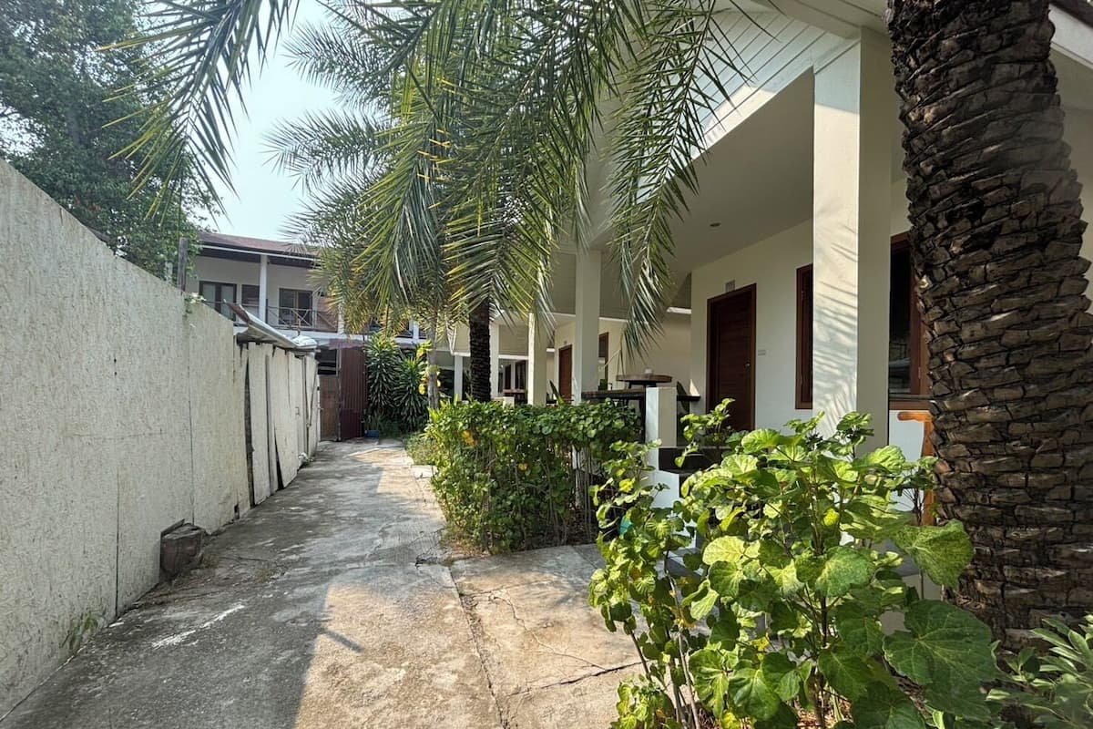A narrow concrete pathway flanked by a white wall and a row of buildings with stone pillars and wooden doors.