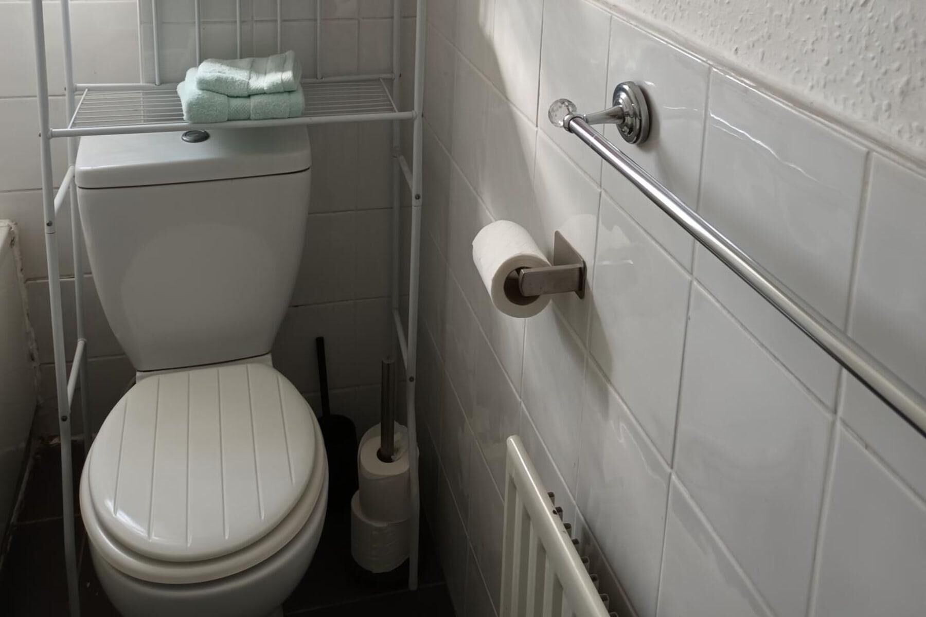 Een kleine, witte badkamer met toilet, een handdoekhouder en een toiletpapierrolhouder.