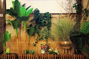 Variedad de plantas de interior dispuestas frente a una pared, con una valla de madera al frente.