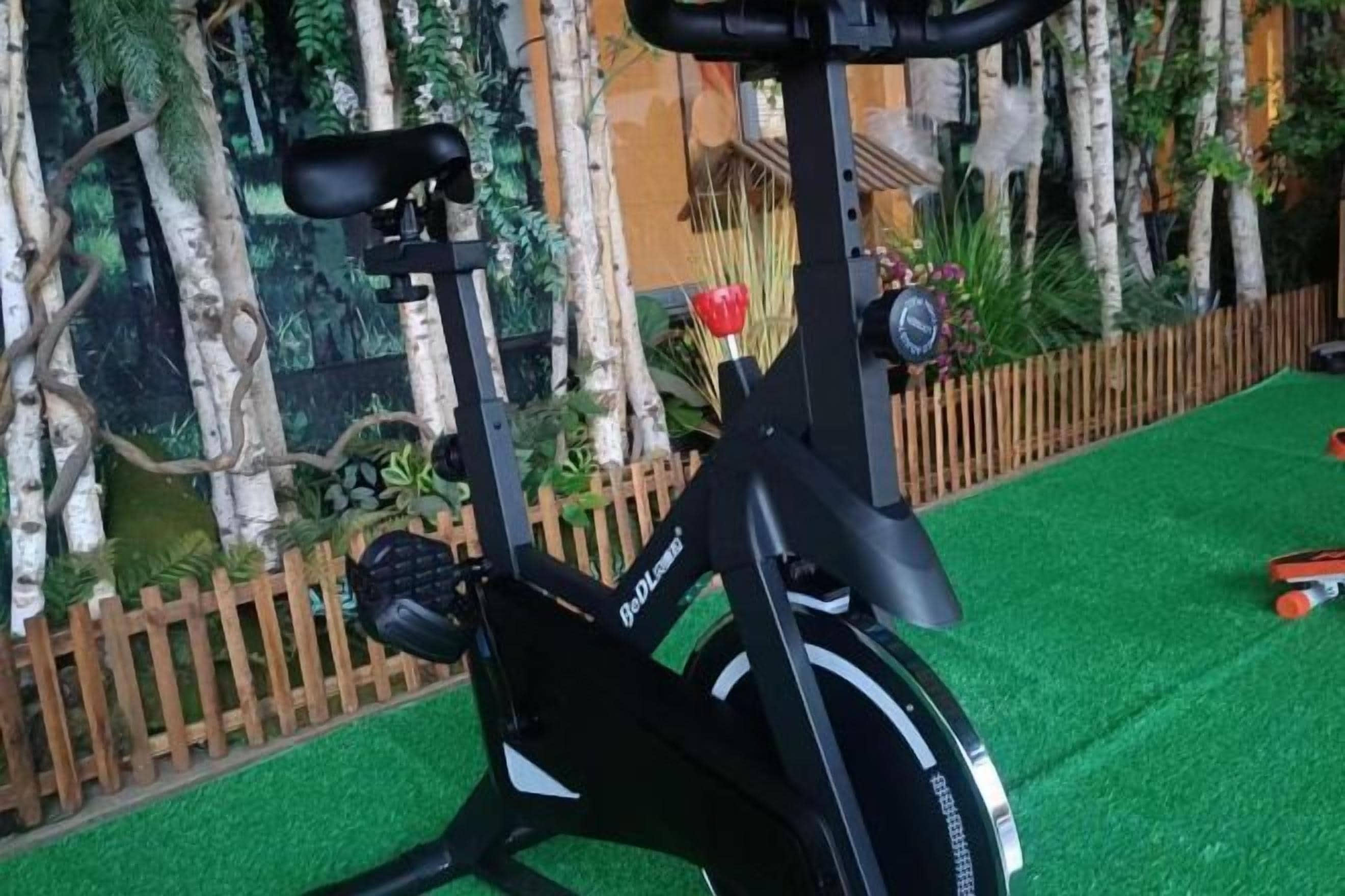 An exercise bike with a wooden fence and artificial greenery in the background.