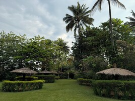 Um jardim exuberante com construções de colmo, palmeiras e sebes bem cuidadas.