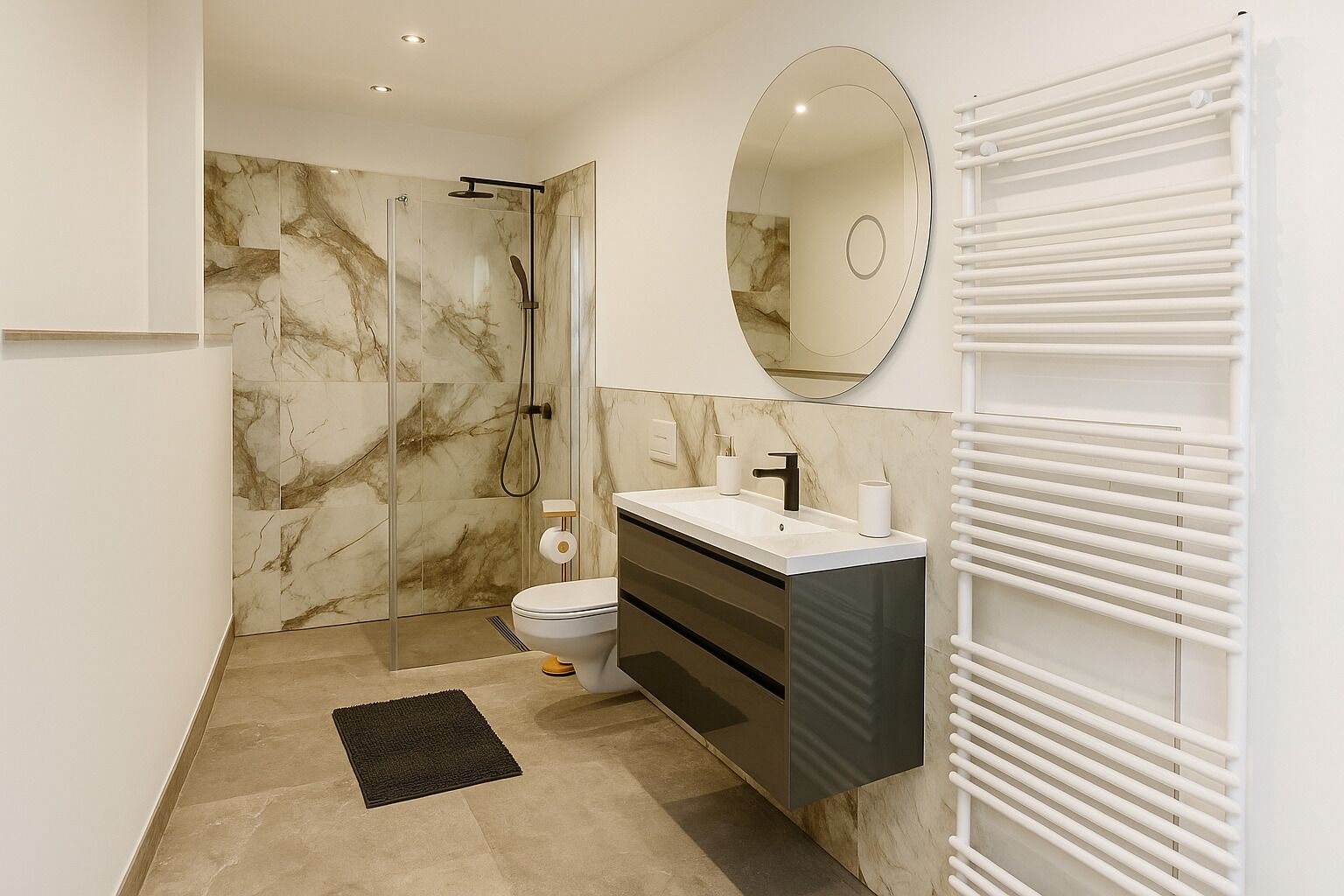 Douche, serviettes fournies, savon, shampooing