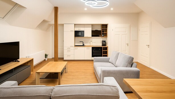 Un appartement moderne comprenant un salon, une cuisine et un coin repas.