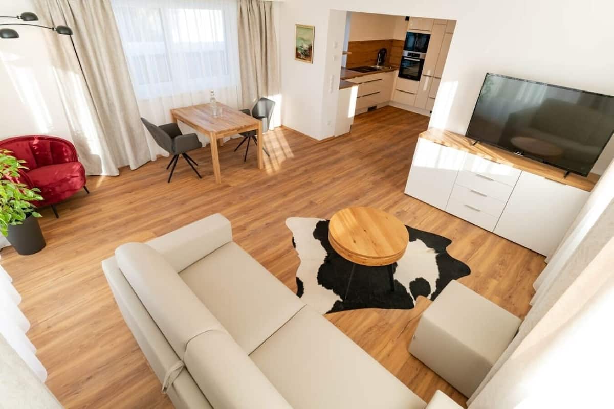Un appartement moderne comprenant un salon, un coin repas et une kitchenette.