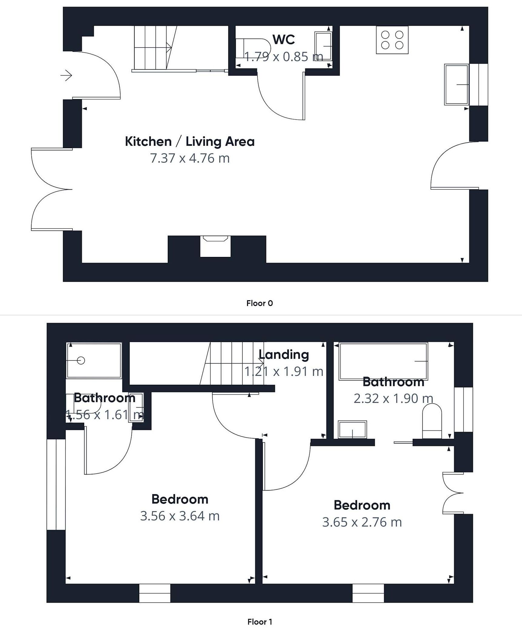 A floor plan of a 2-bedroom apartment with a kitchen, living area, landing, and bathroom.