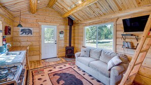 A cozy cabin interior with a wooden interior, a fireplace, a sofa, and a television. - Mtn Views & Fireplace: Cozy Trout Creek Tiny Home (Trout Creek)