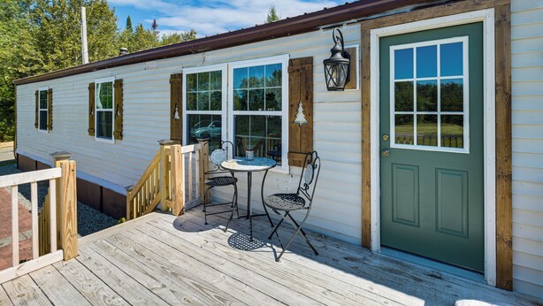 Une terrasse en bois avec une table et des chaises, une porte verte et une fenêtre donnant sur les arbres.