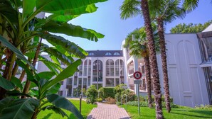 Un vialetto conduce a un edificio con finestre ad arco e facciata bianca, immerso nel verde e palme.