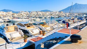Un port de plaisance avec des bateaux amarrés, un ciel dégagé et une montagne en arrière-plan.