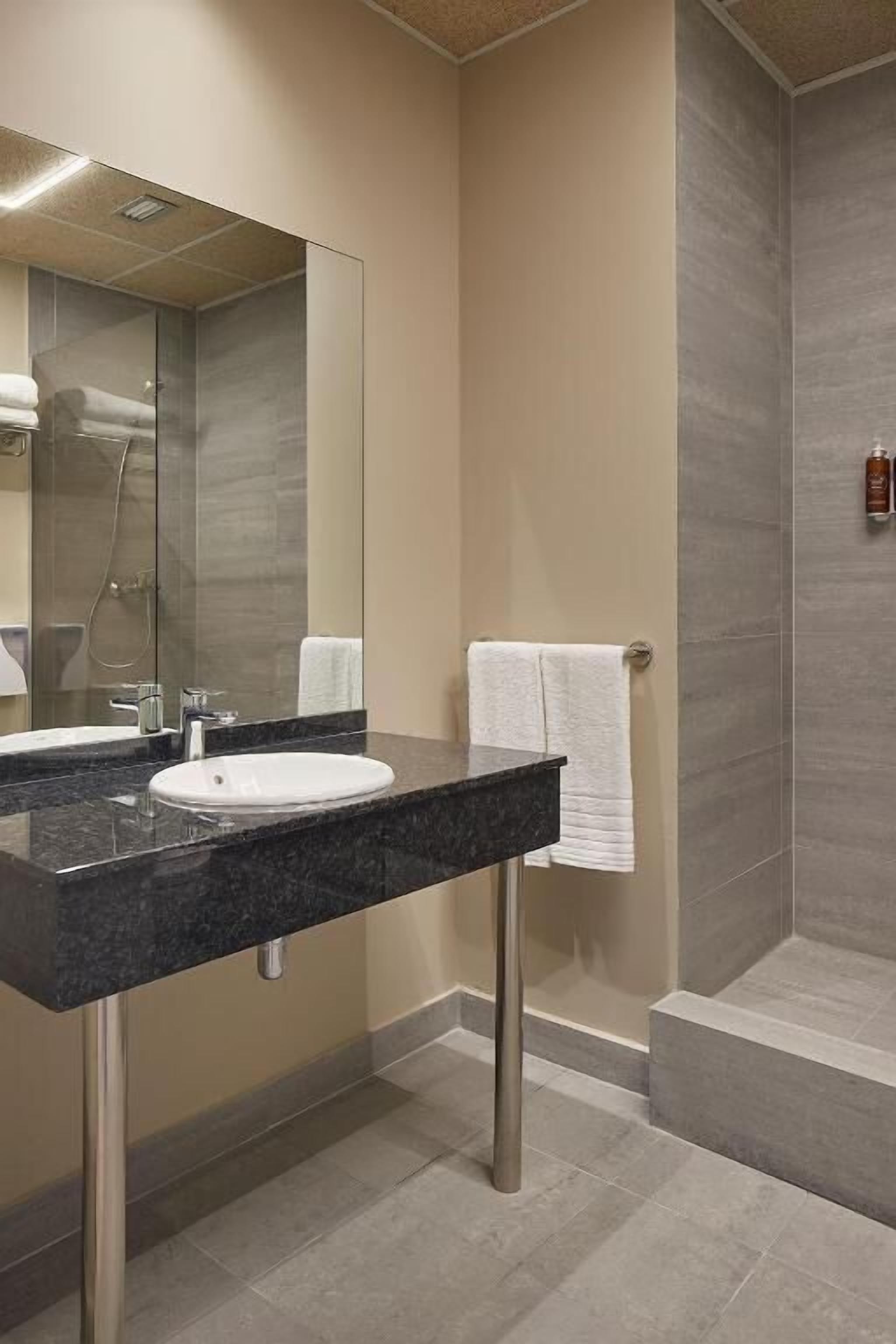 A modern bathroom with a large mirror, a sink, and a shower area.