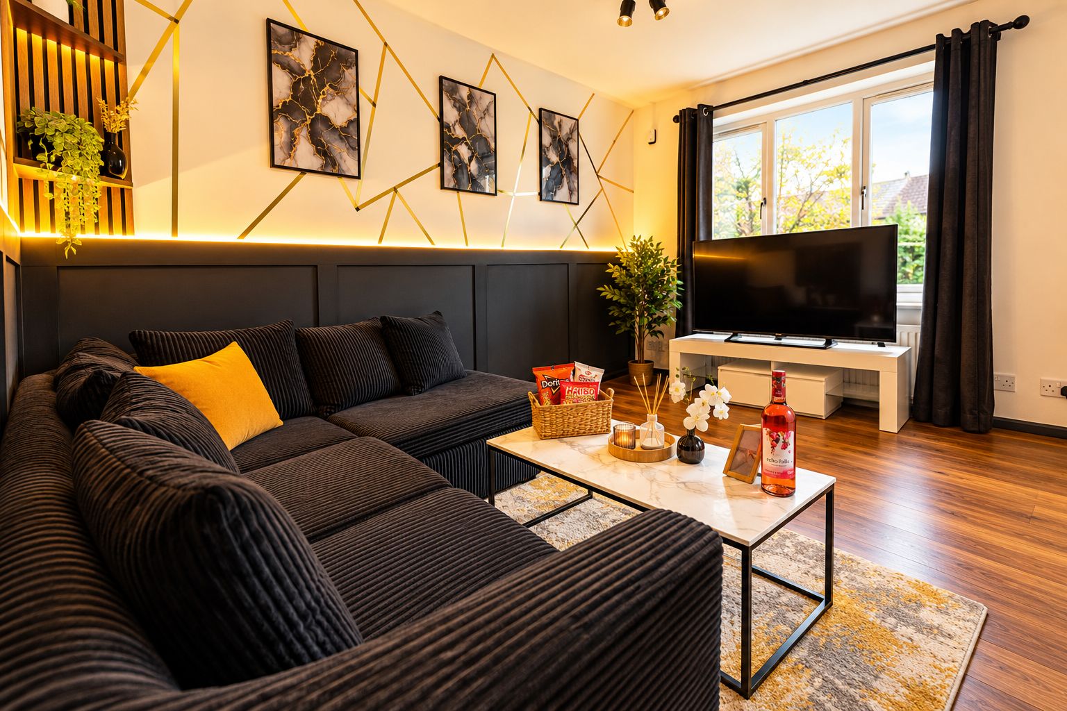 A modern living room with a sectional sofa, a flat-screen TV, and a coffee table.