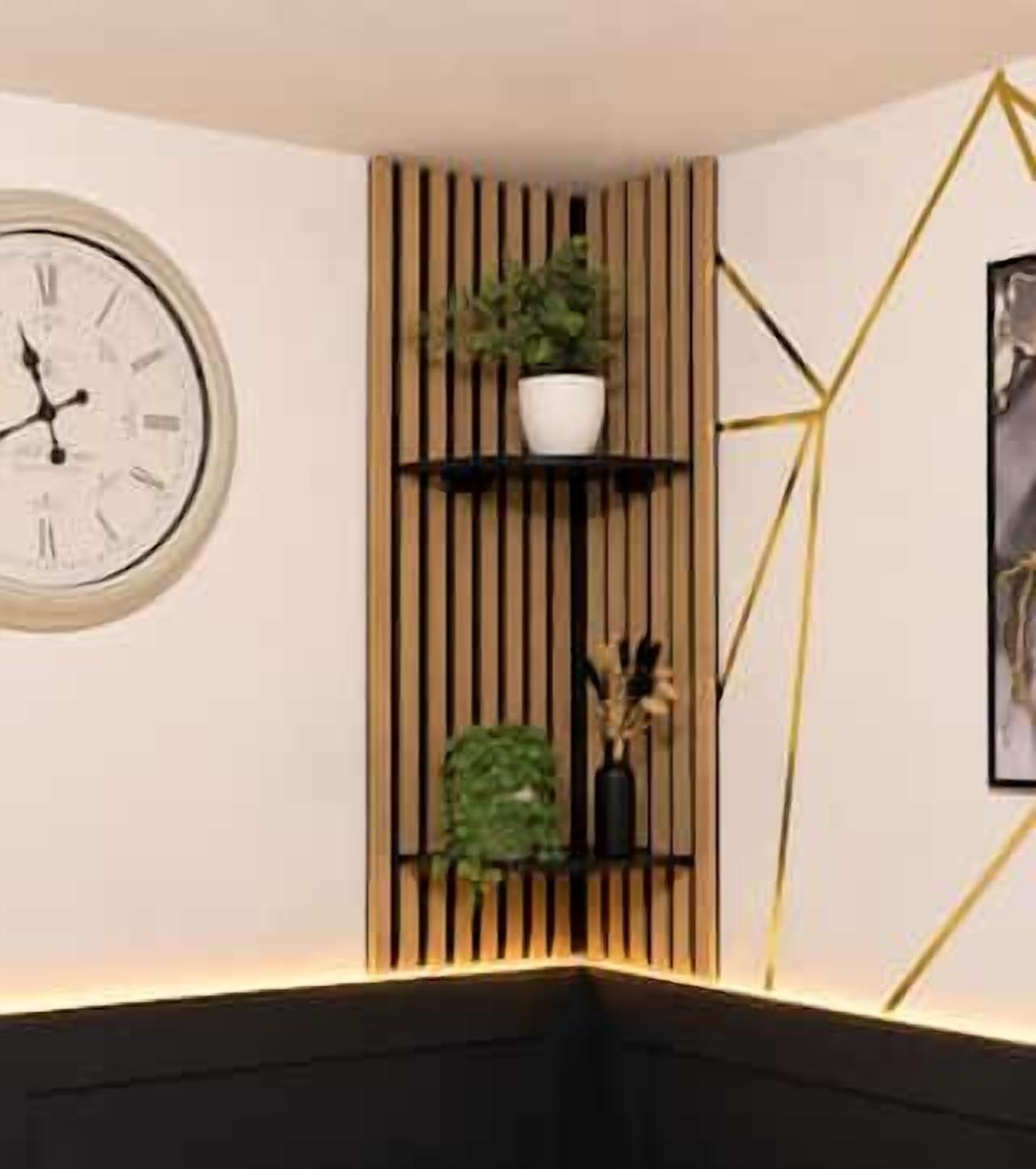 A corner room with a clock, a plant on a shelf, and a framed picture on the wall.