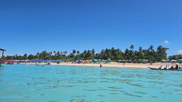 Een strand met helder turquoise water, palmbomen en strandparasols.