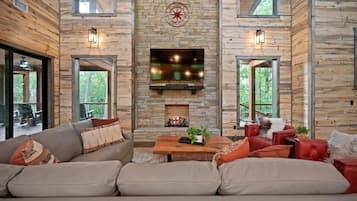 Smart TV, fireplace, foosball