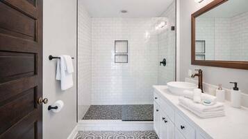 Shower, hair dryer, towels, shampoo