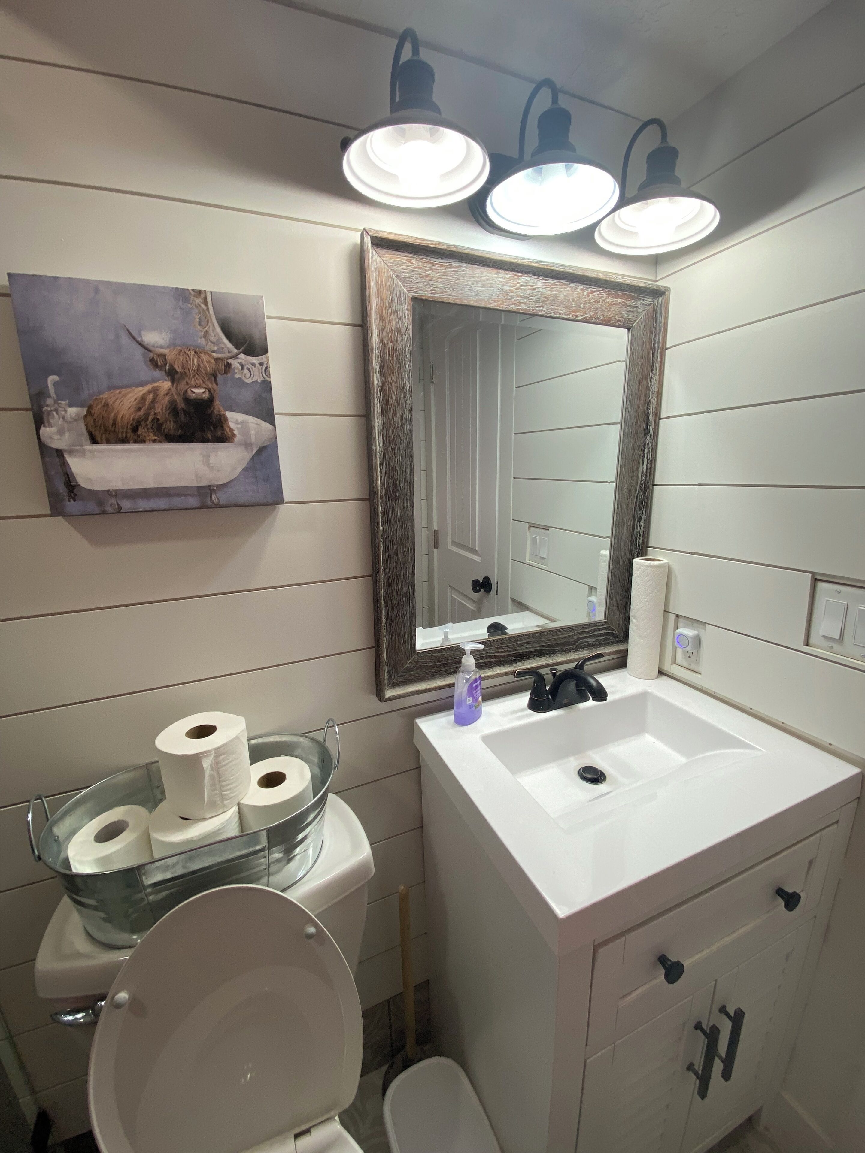 A bathroom with a white sink, a mirror, and a toilet. There is a painting of a bull on the wall, and a glass bowl with toilet paper.