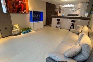 A modern living room with a sofa, a TV, a small kitchen area, and a stone decoration. - Altay Fenglinwan Boutique Hotel (Altay City)