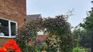 A garden with a patio table and chairs, surrounded by various plants and flowers. - Lavender Cottage, a pretty period cottage in Louth (Louth)