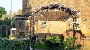A brick building with a garden area featuring a pergola with purple flowers, a small white birdcage, and a pathway. - Lavender Cottage, a pretty period cottage in Louth (Louth)