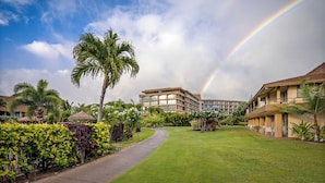 Un hotel con un patio central, palmeras y un arcoíris en el cielo.
