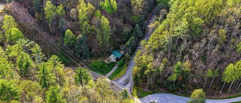 Une vue aérienne d’une zone boisée, avec une route sinueuse, un petit bâtiment et quelques véhicules.