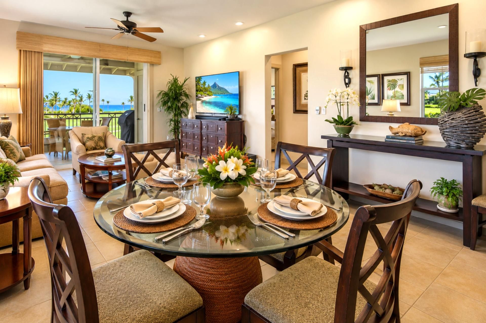 A dining area with a glass table, chairs, and a view of the ocean through large windows.