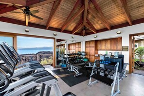 A gym with treadmills, weight machines, and exercise balls, overlooking a scenic view.