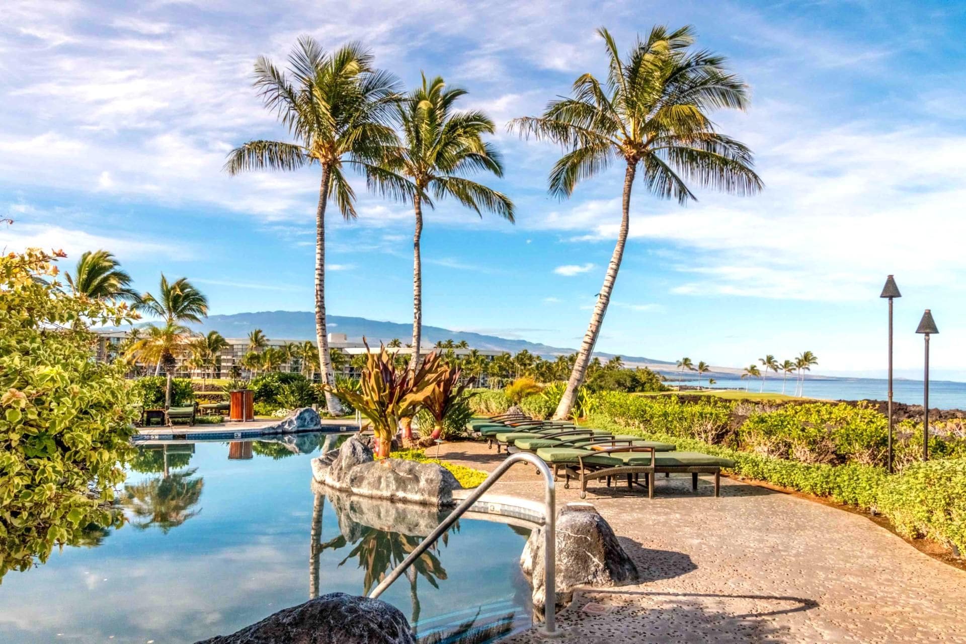 A pool area with lounge chairs, palm trees, and a view of the ocean.