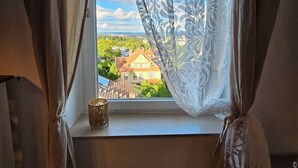 A window with a view of a residential area, curtains, and a wicker basket on the windowsill.