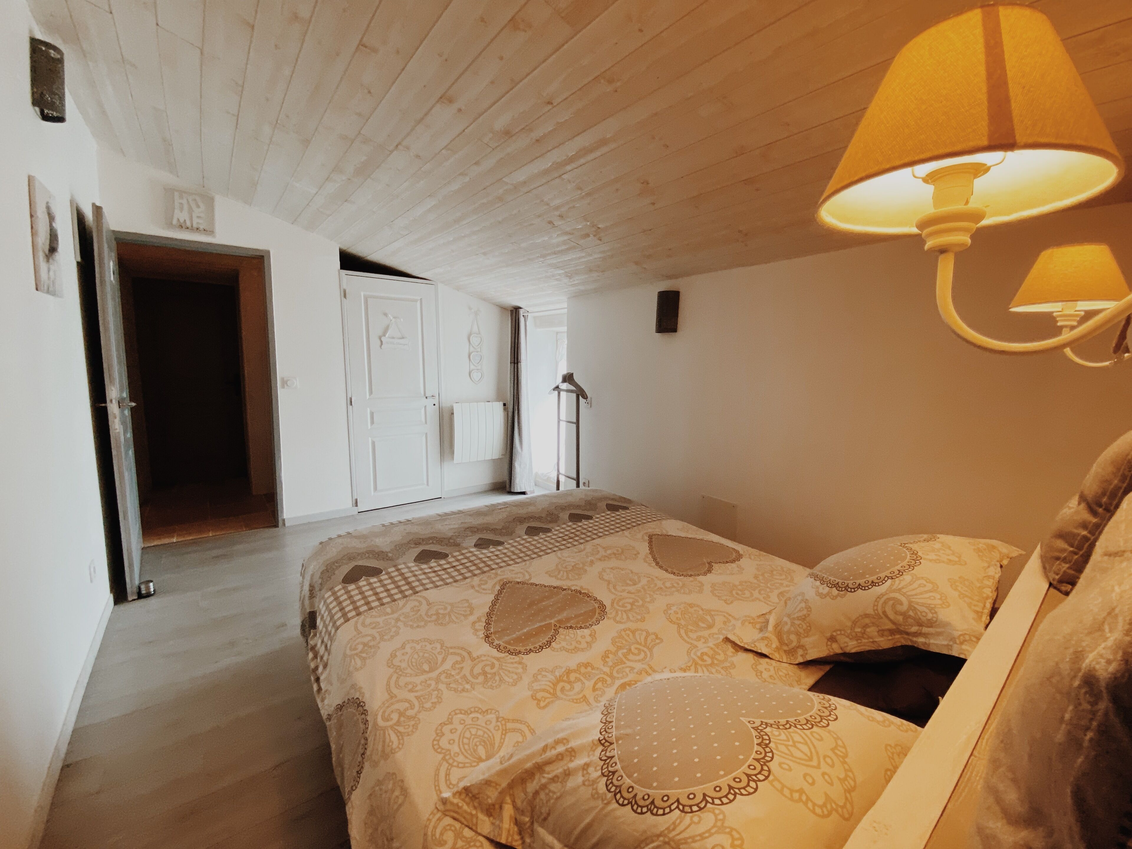 Un dormitorio con cama, lámpara colgante y armario.