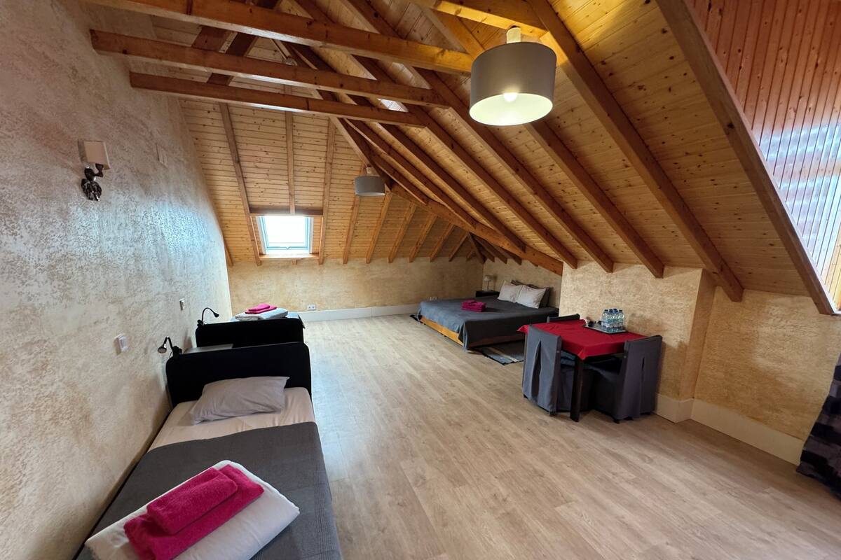 Une chambre confortable située dans les combles, avec des poutres en bois, un puits de lumière, deux lits, une petite table et une chaise.