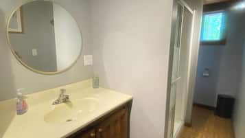 Hair dryer, towels, soap, toilet paper