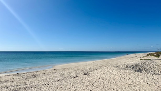 A wide sandy beach with clear blue water and a few people in the distance. - Broadwater Beach Cottage (Broadwater)