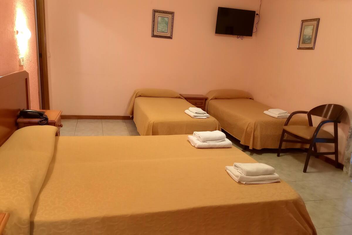 A hotel room with three beds, a chair, a TV, and a telephone on a nightstand.