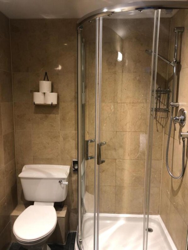 A modern bathroom with a glass-enclosed shower, a toilet, and a wall-mounted towel rack.