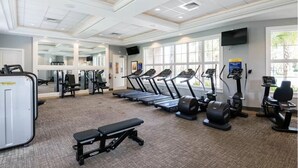 A gym with treadmills, elliptical machines, and weight equipment. - Villa Du Soleil (Davenport)