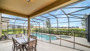 A covered patio area with a glass enclosure, a pool, and a hot tub. - 5419 Oakgrain (Davenport)