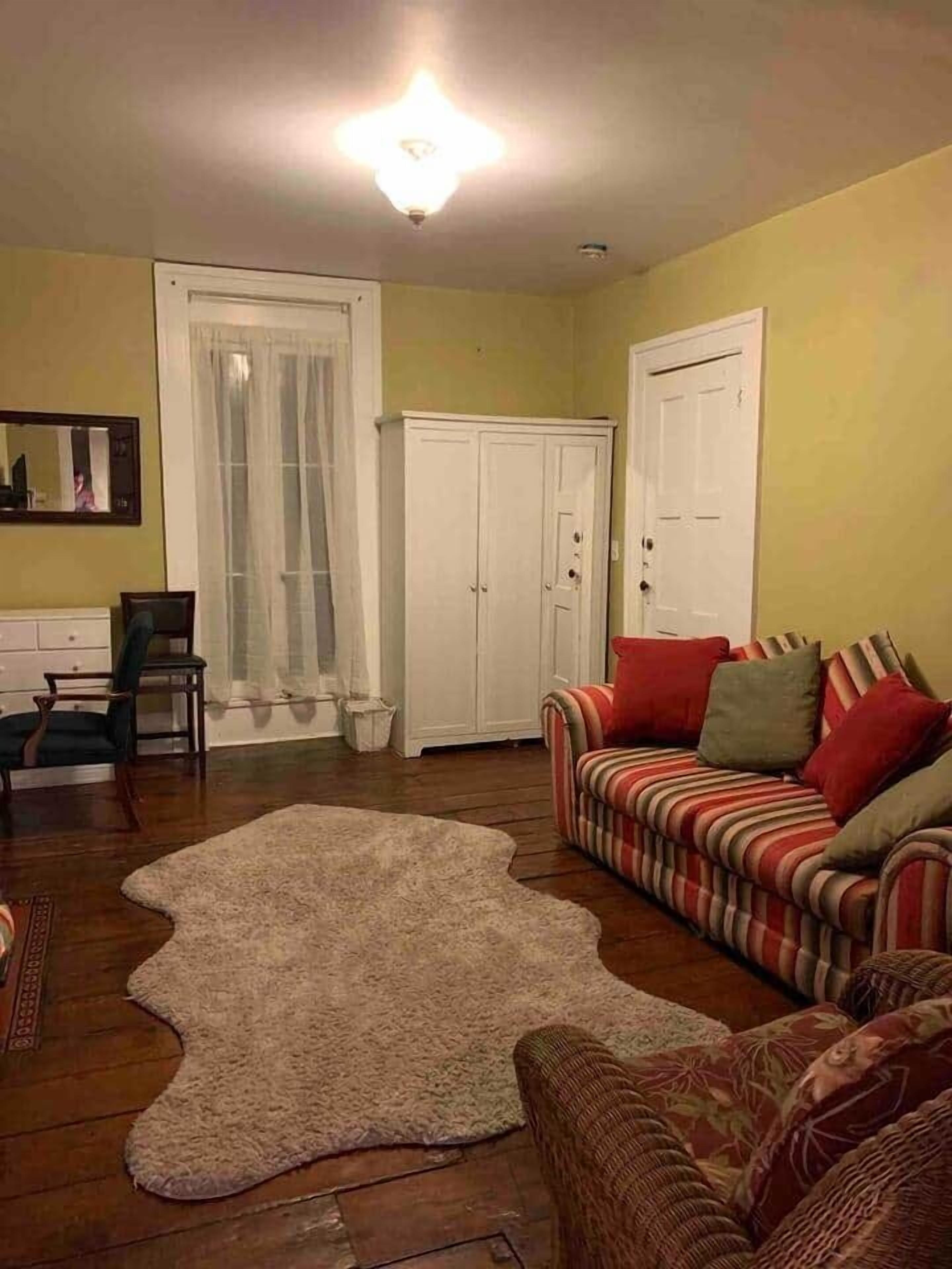 A living room with a sofa, a patterned armchair, a white cabinet, and a shaggy rug.